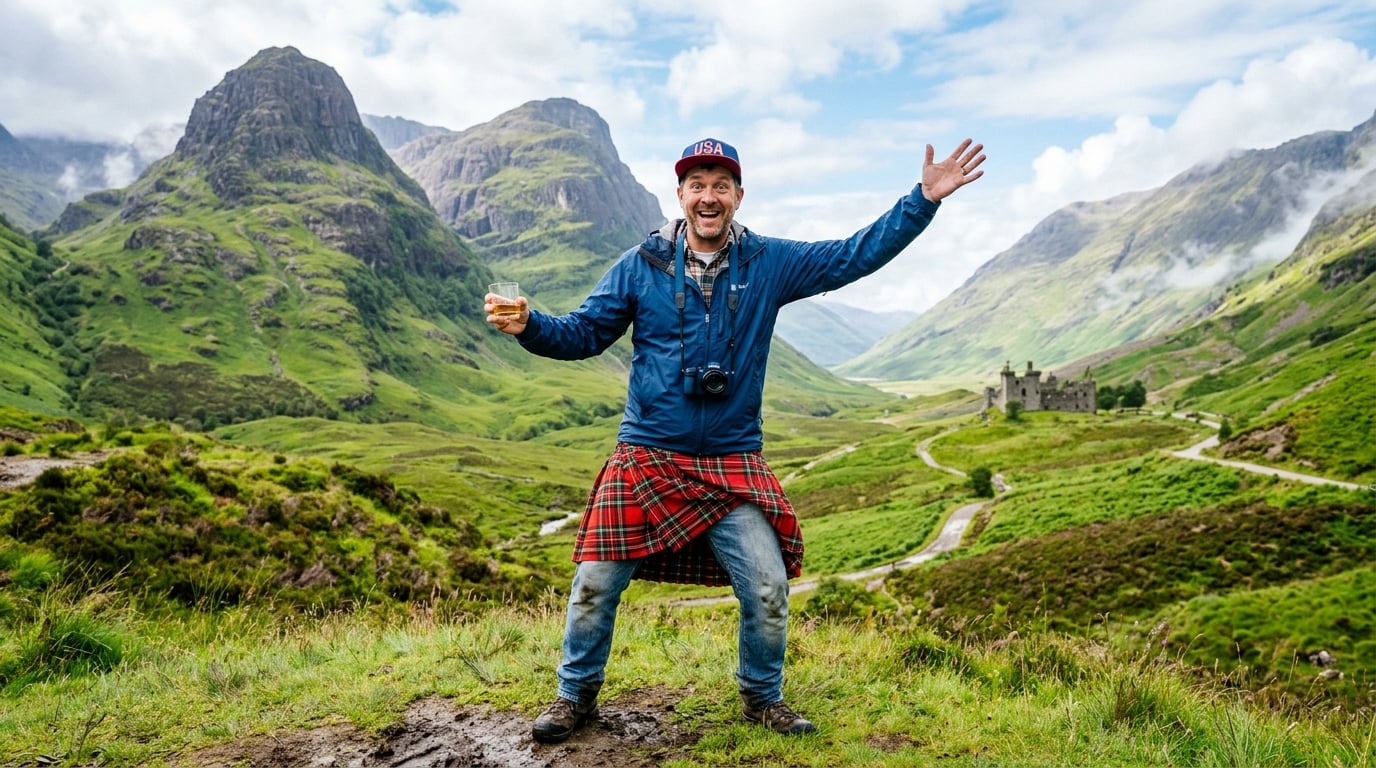 American tourist experiencing Scotland