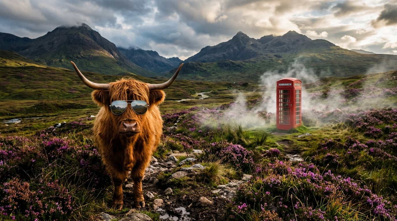 A surreal Scottish Highland scene with a Highland cow in sunglasses and a phone box in the wilderness