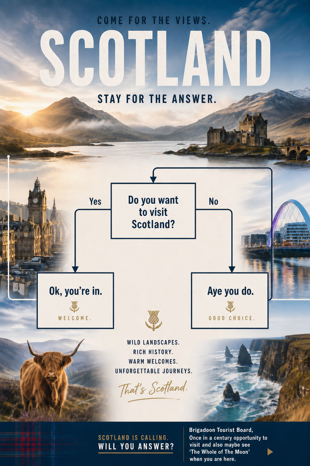 Official Brigadoon Tourist Board poster featuring Scottish highlands, a Highland cow, and the iconic flowchart